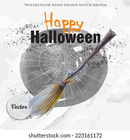 Happy Halloween party design on old paper and gray watercolor circle background. Watercolor hand drawn witch broom. Vector illustration