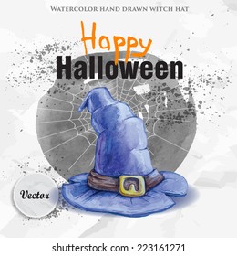 Happy Halloween party design on old paper and gray watercolor circle background. Watercolor hand drawn witch hat. Vector illustration