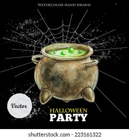 Happy Halloween party design on black and yellow background. Watercolor witch cauldron on web. Vector illustration