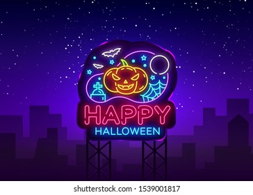 Happy Halloween Party design template vector. Halloween greeting card, Light banner, neon style, night bright advertising. Scary Pumpkin. Vector illustration. Billboard