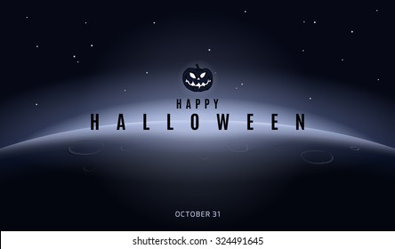 Happy Halloween Party Design. Vector template with evil pumpkin and night landscape, The Earth and stars in the background for banner. Empty space leaves room for design elements or text. Modern style