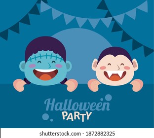 happy halloween party with dracula and frankenstein vector illustration design