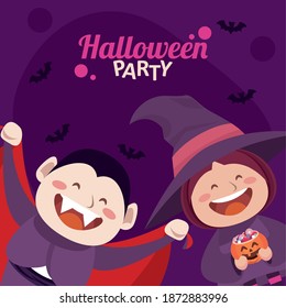 happy halloween party with dracula and witch vector illustration design