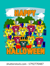 happy halloween party or event. beautiful greeting card, background, banner, poster or flyer vector with zombie or mask man illustration