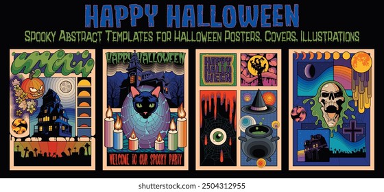 Happy Halloween Party, Event Placards, Invitations. Vector Templates for Halloween Covers, Illustrations, Posters. Halloween Psychedelic Poster Set. October 31 Colorful Abstract Objects