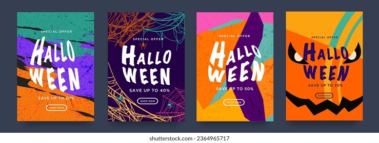 Happy Halloween for Party, Festival, Email, Social Media. Set Abstract Art Design Optical Stripes for Advertising, Web, Poster, Banner, Cover. Discount Offer 20%-50%. Vector illustration. 