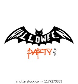 Happy Halloween party flyer design. Text Halloween on flying bat silhouette. Vector illustration.