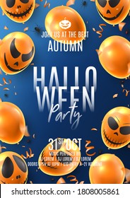 Happy Halloween party flyer. Holiday promo banner with spooky balloons, black spiders, orange serpentine and confetti on blue background. Vector illustration. Invitation to nightclub.