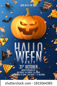 Happy Halloween party flyer. Holiday poster with black spiders and bats, scary pumpkin, colorful garlands, serpentine and confetti on dark blue background. Invitation to nightclub.