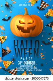 Happy Halloween party flyer invitation. Holiday poster with black spiders and bats, scary pumpkin, colorful garlands, serpentine and confetti on blue background. Invitation to nightclub.