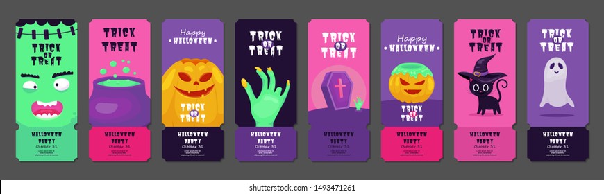 Happy Halloween party flyer template design. All hallow eve poster in scary cartoon style. All saint holiday club event admission or entrance ticket layout. Vector illustration