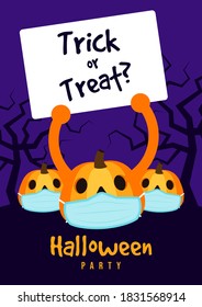 Happy halloween party flyer template design decorative with pumpkin weating sanitary mask during COVID-19 pandemic situation flat design style, vector illustration