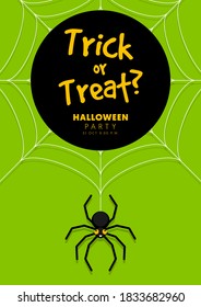 Happy halloween party flyer template design decorative with spider isolated on green background flat design style, vector illustration