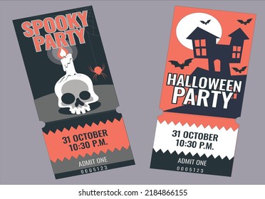 Happy Halloween party flyer template design. All hallow eve poster in scary cartoon style. All saint holiday club event admission or entrance ticket layout. Vector illustration. special tickets