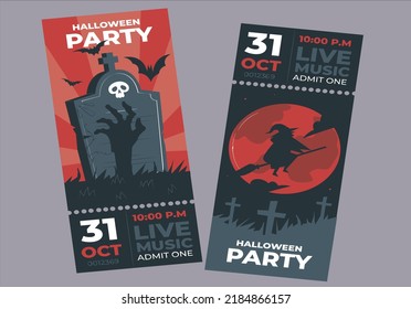 Happy Halloween party flyer template design. All hallow eve poster in scary cartoon style. All saint holiday club event admission or entrance ticket layout. Vector illustration. special tickets