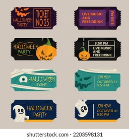 Happy Halloween party flyer template design. All hallow night posters in scary cartoon style. All holy holiday club event admission or admission ticket layout. Vector illustration