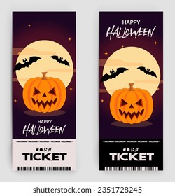 Happy Halloween party flyer template design. All hallow eve poster in scary cartoon style. Club event admission or entrance ticket layout. Vector illustration