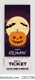 Happy Halloween party flyer template design. All hallow eve poster in scary cartoon style. Club event admission or entrance ticket layout. Vector illustration