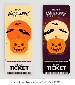 Happy Halloween party flyer template design. All hallow eve poster in scary cartoon style. Club event admission or entrance ticket layout. Vector illustration