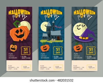 Happy Halloween party flyer template design. All hallow eve poster in scary cartoon style. All saint holiday club event admission or entrance ticket layout. Vector illustration