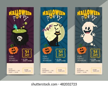 Happy Halloween party flyer template design. All hallow eve poster in scary cartoon style. All saint holiday club event admission or entrance ticket layout. Vector illustration