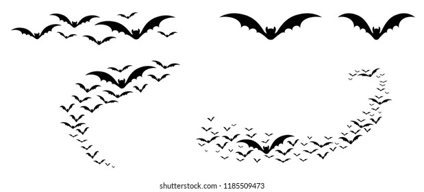 Happy halloween party. Flying bats. Flat vector sign on 31 october fest. Horror, bat, creepy, hallow, zombie, monster, spooky, vampire, witch or moon pictogram. Silhouettes of flying bats swarm.
