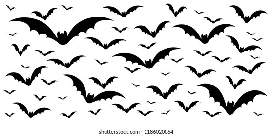 Happy halloween party. Flying bats. Flat vector sign on 31 october fest. Horror, bat, creepy, hallow, zombie, monster, spooky, vampire, witch or moon pictogram. Scary silhouettes of flying bats swarm.