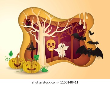 Happy Halloween Party Frame, Abstract tree hanging ghost, skull, hat and owi, Spooky pumpkin, bat monster. trick or treat, Paper art vector and illustration
