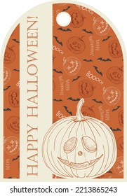 Happy Halloween Party Gift Tag With Hand Drawn Jack O'lantern Pumpkin, With A Bright Orange Seamless Pattern Background