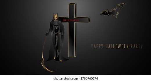 Happy halloween party girl with scythe near the cross
