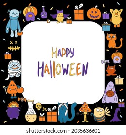 Happy Halloween party greeting banner with cute characters and lettering. Hand drawn vector illustrations.