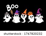 Happy halloween party greeting card with cute ghost and fancy hat. Holidays cartoon character. -Vector