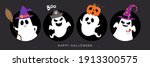 Happy halloween party greeting card with cute ghost and fancy hat. Holidays cartoon character. -Vector