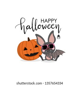 Happy halloween party greeting card with cute vampire bat and pumpkin. Animal cartoon character vector. 