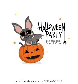 Happy halloween party greeting card with cute vampire bat and pumpkin. Animal holidays cartoon character vector. 