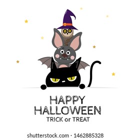 Happy halloween party greeting card with cute vampire bat, black cat and owl wear witch hat. Animal holidays cartoon character vector. 