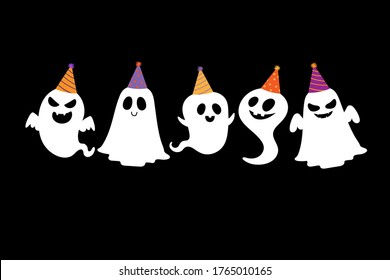 Happy halloween party greeting card with cute ghost. Holidays cartoon character. -Vector