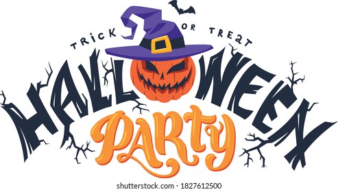 Happy Halloween party greeting card Calligraphy. Halloween banner or poster. Handmade vector lettering logo. letters trees and pumpkin with haunted hat on background