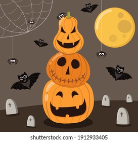 Happy halloween party greeting card with cute vampire bat and pumpkin.