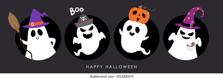 Happy halloween party greeting card with cute ghost and fancy hat. Holidays cartoon character. -Vector