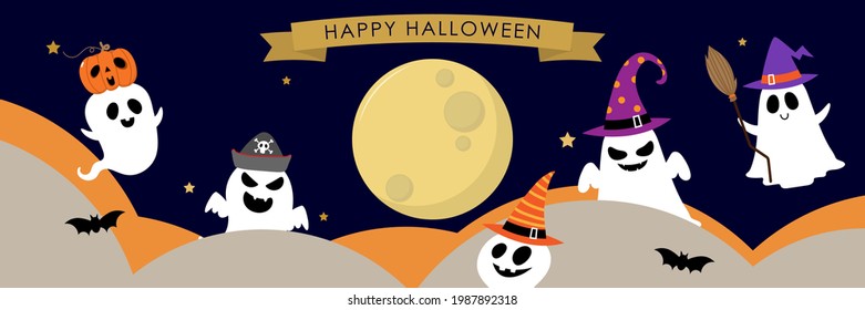 Happy halloween party greeting card with cute ghost and fancy hat. Holidays cartoon character. -Vector