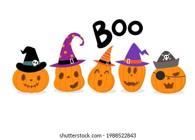 Happy halloween party greeting card with cute pumpkin and fancy hat. Holidays cartoon character. -Vector