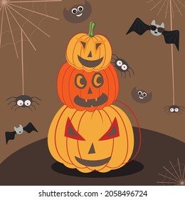 Happy Halloween party greeting card with cute vampire bat cat, owl, spider and pumpkins.
