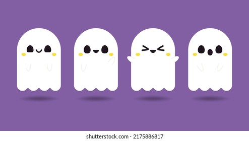 Happy halloween party greeting card with cute ghost. Holidays cartoon character. Cute spooky ghosts.