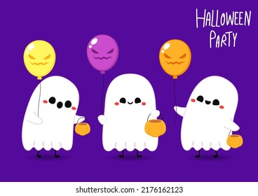 Happy Halloween Party Greeting Card With Cute Ghost. Holidays Cartoon Character. Cute Spooky Ghosts.