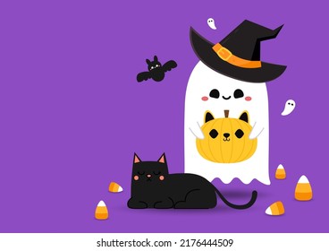 Happy halloween party greeting card with cute ghost. Holidays cartoon character. Cute spooky ghosts and Black cat.