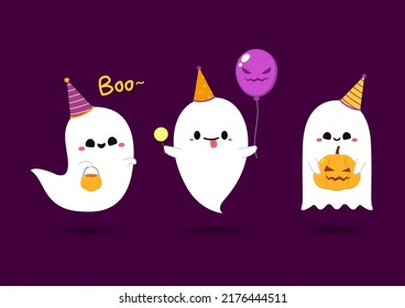 Happy Halloween Party Greeting Card With Cute Ghost. Holidays Cartoon Character. Cute Spooky Ghosts.