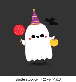 Happy halloween party greeting card with cute ghost. Holidays cartoon character. Cute spooky ghosts.