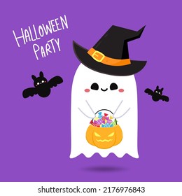 Happy halloween party greeting card with cute ghost. Holidays cartoon character. Trick or treat design with cute pumpkin. Halloween funny cartoon.