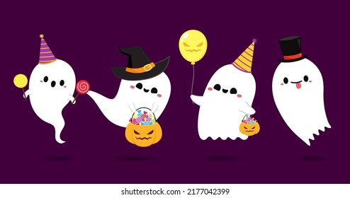 Happy halloween party greeting card with cute ghost. Holidays cartoon character. Cute spooky ghosts.